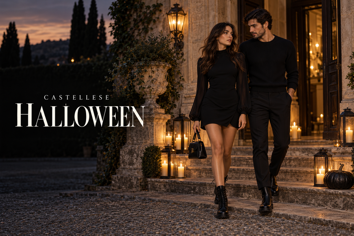 Halloween Castellese: copertina editoriale con outfit total black, lanterne e una zucca scura