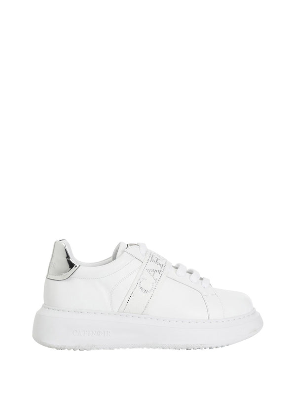 CAFE' NOIR STC Sneakers Café Noir In Pelle Con Nastro Logato Con Strass Bianco