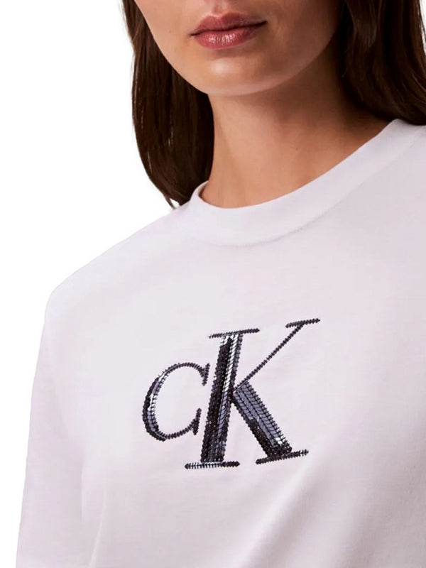Calvin Klein T-Shirt Calvin Klein Monogramma In Paillettes - Bianco