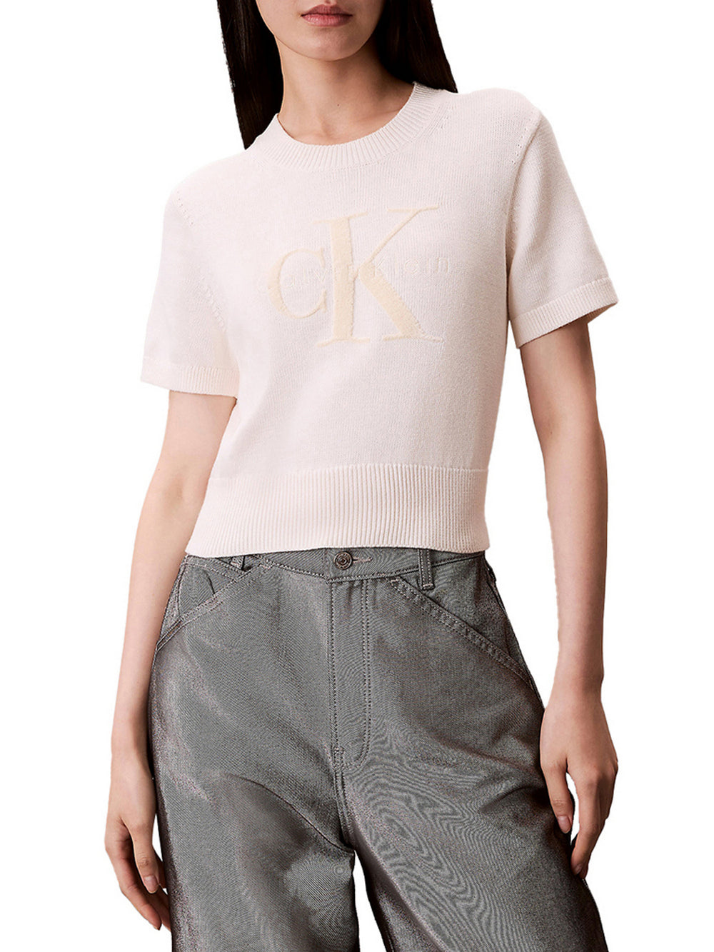 Calvin Klein Maglia Calvin Klein A Maniche Corte Monologo - Crema
