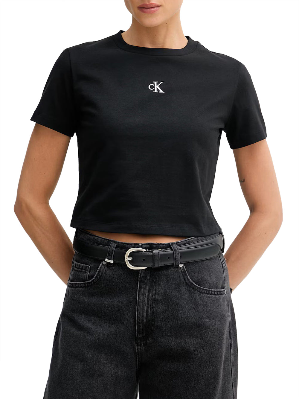 CALVIN2 2USCITA T-Shirt Calvin Klein Logo Cropped - Nero