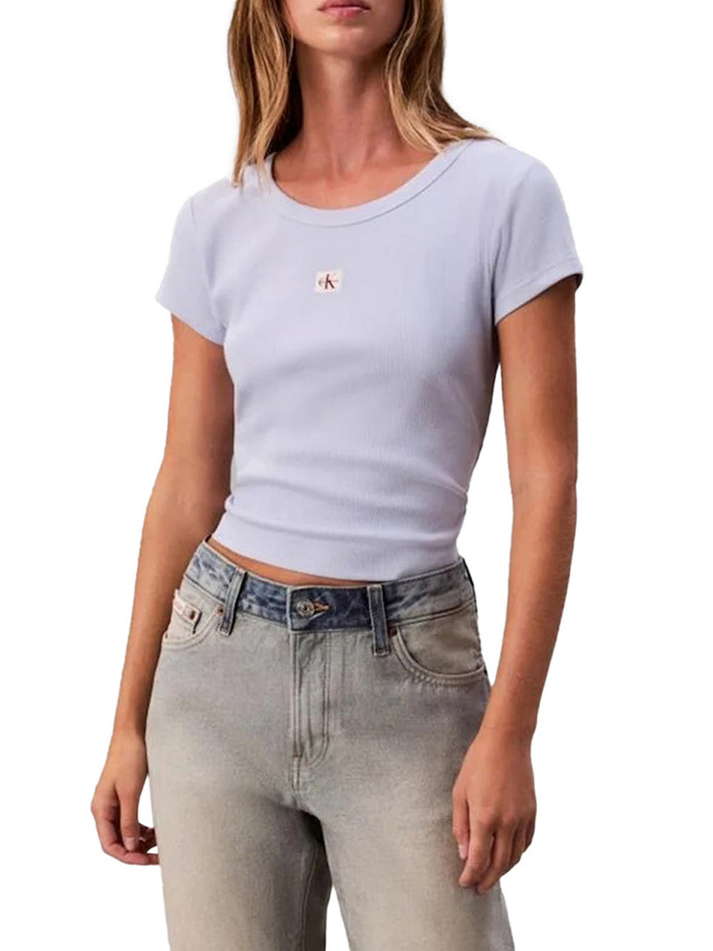 Calvin Klein T-Shirt Calvin Klein In Cotone A Coste Con Stemma - Celeste