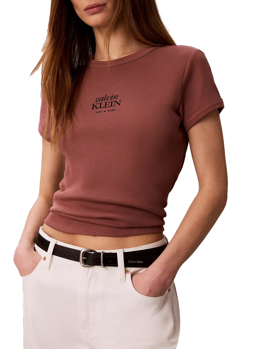 CALVIN2 2USCITA T-Shirt Calvin Klein Ss 2X2 Baby Rib Logo - Marrone