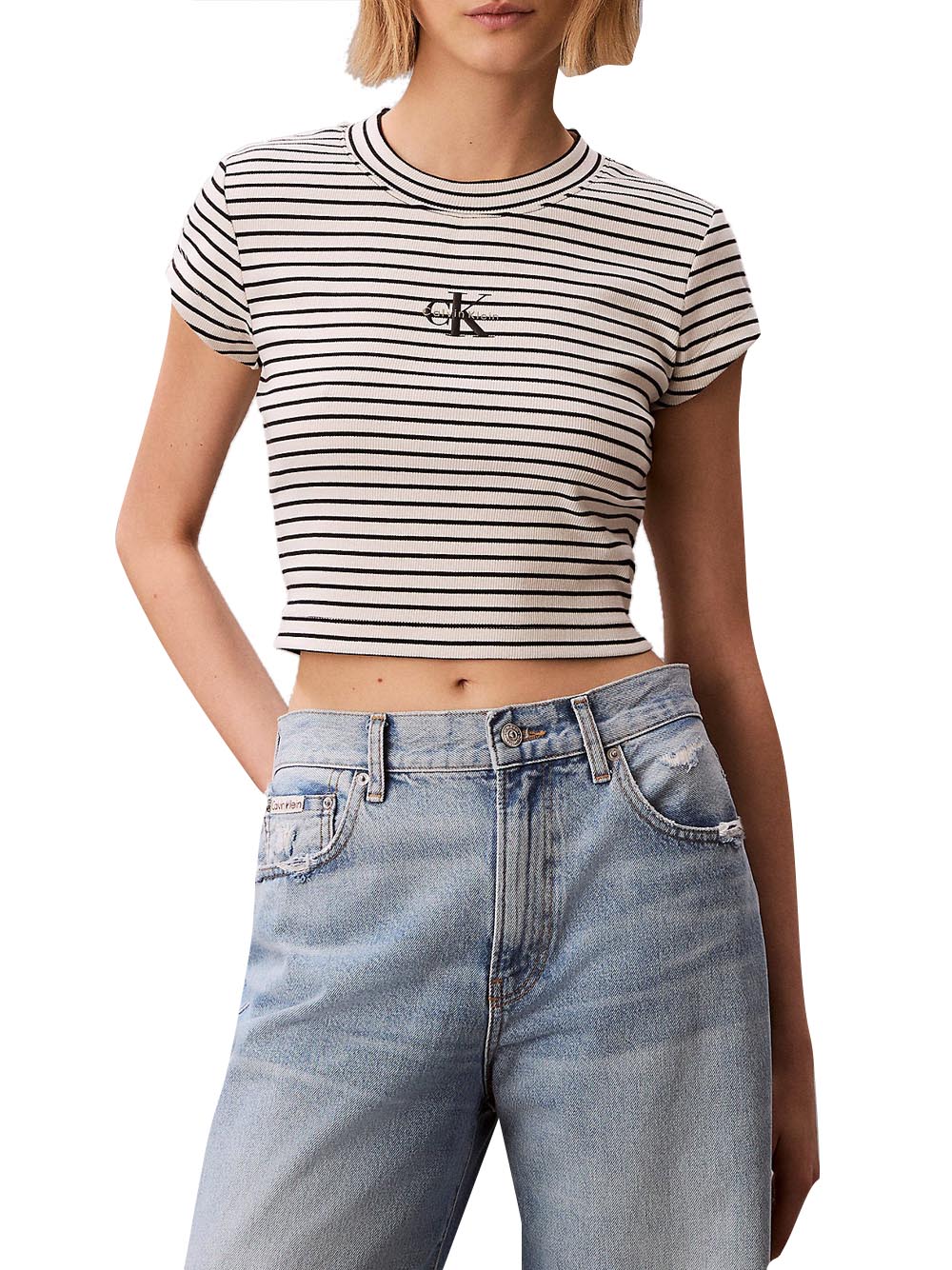 CALVIN2 2USCITA T-Shirt Calvin Klein Striped Monologo Bab Nero