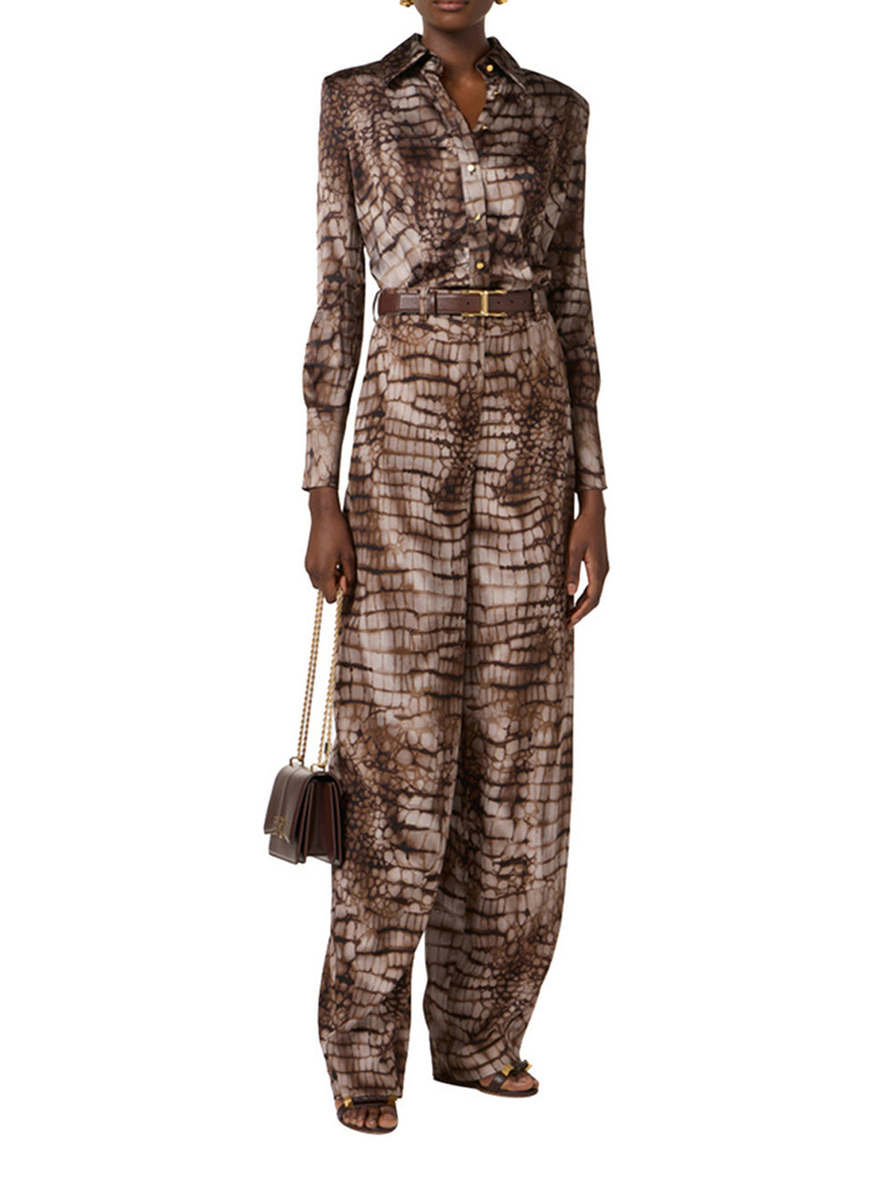 Elisabetta Franchi Camicia In Raso Elisabetta Franchi Con Stampa Alligatore - Cacao