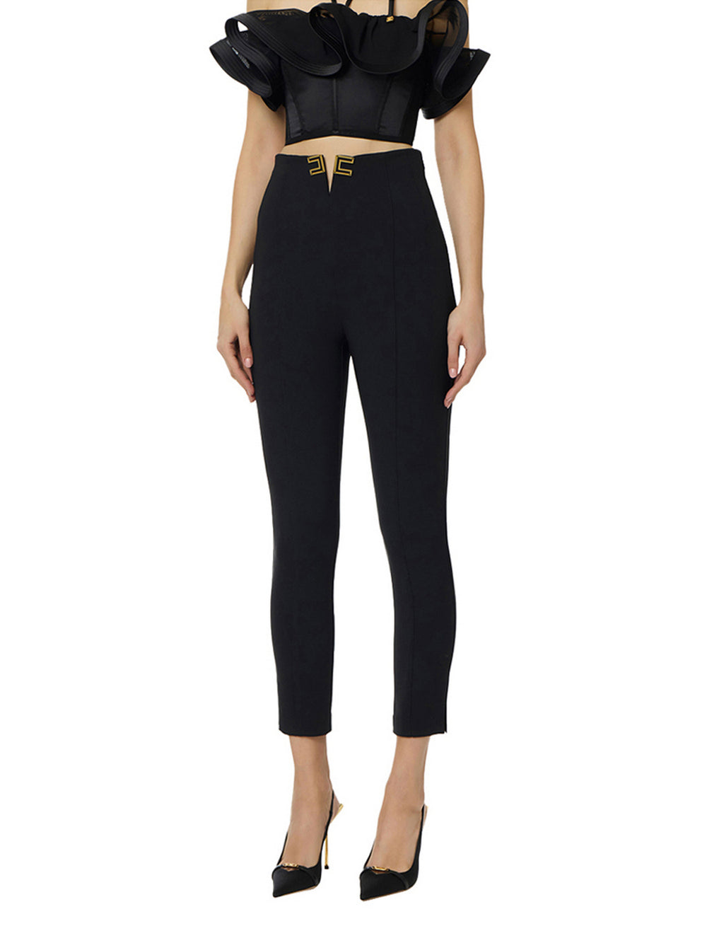 Elisabetta Franchi Pantaloni Elisabetta Franchi In Doppio Crêpe Stretch Con Dettagli Logo - nero