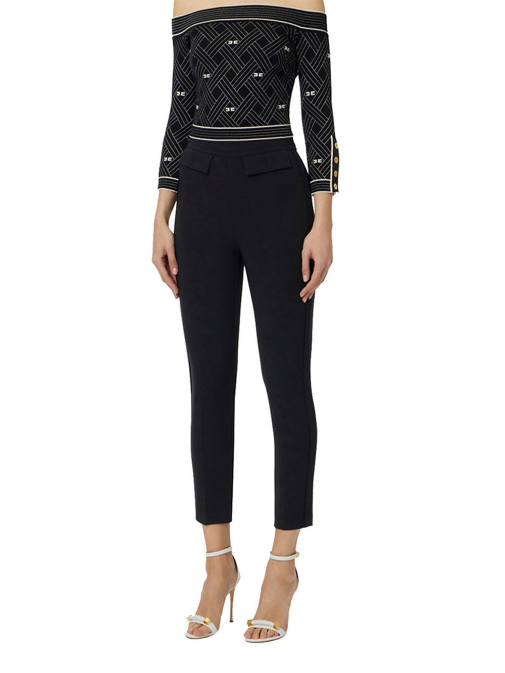 Elisabetta Franchi Pantaloni Elisabetta Franchi In Doppio Crêpe Stretch Con Logo Ricamato - Nero