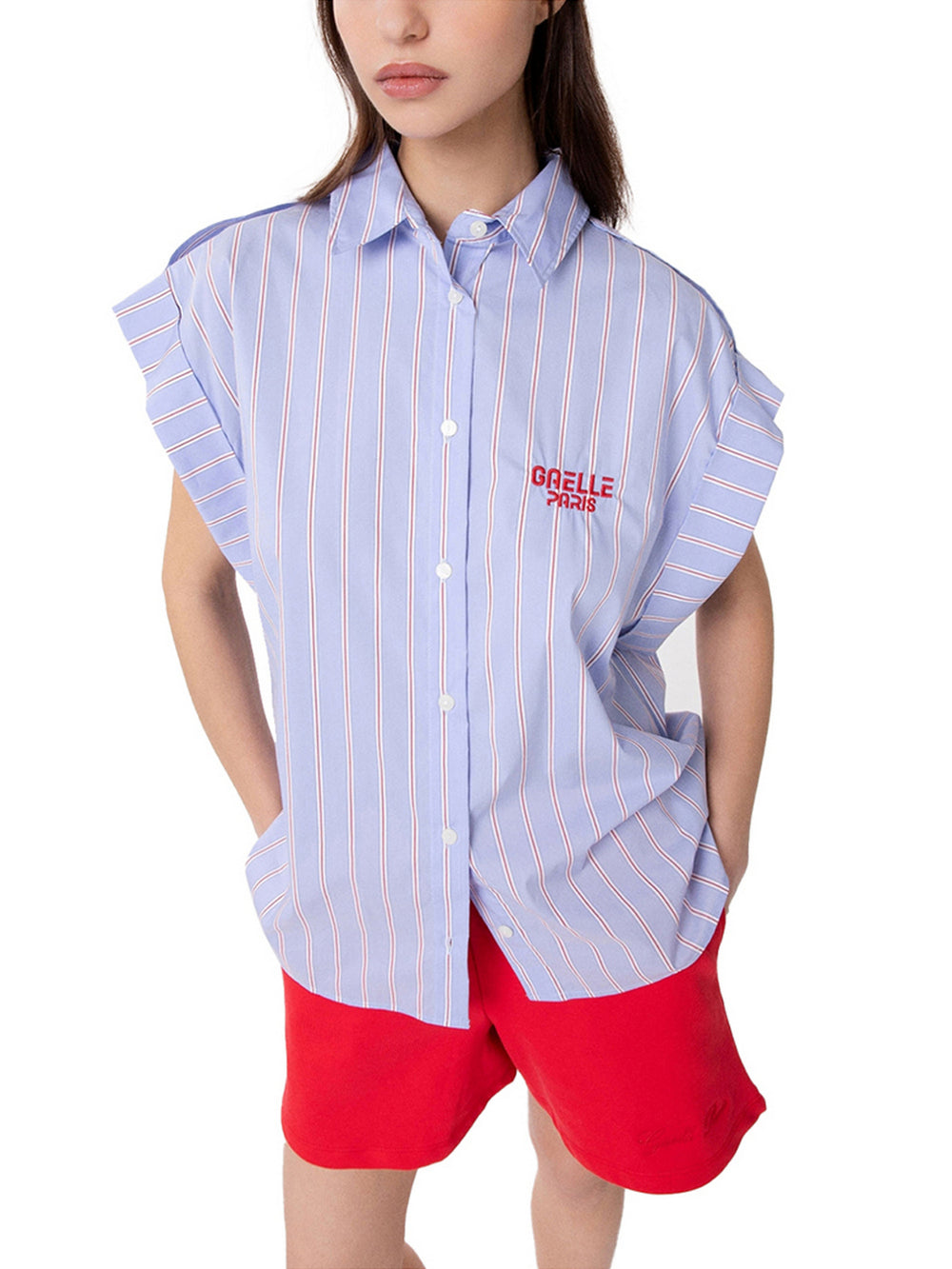 Gaelle Paris Camicia Gaelle A Manica Kimono Corta In Bastonetto Di Cotone - Azzurro/Bianco