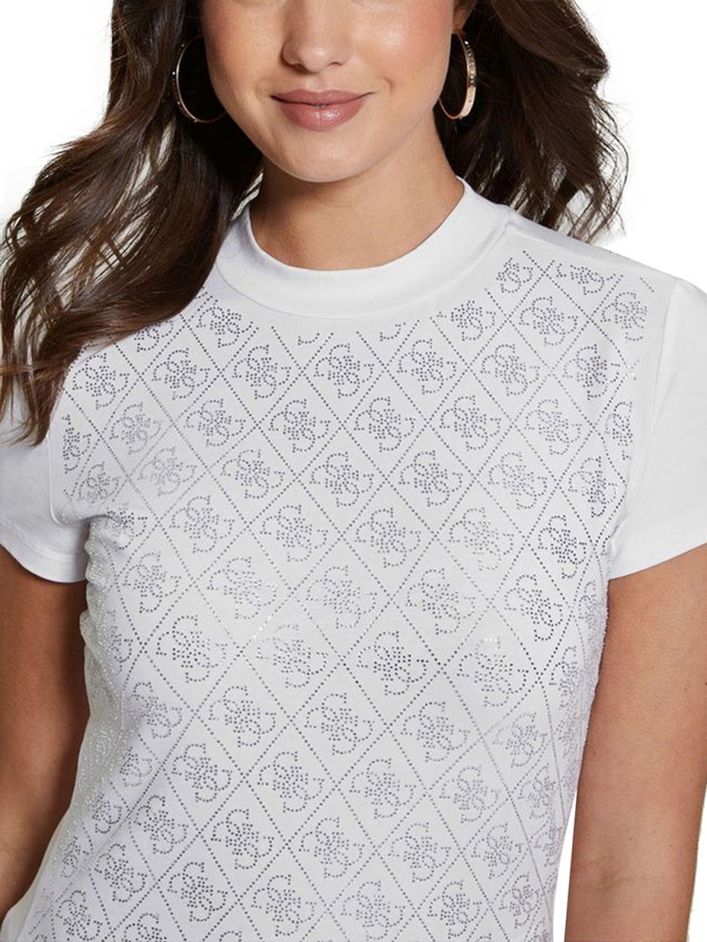 Guess T-Shirt Ss Mock Neck All Ove Donna - Bianco