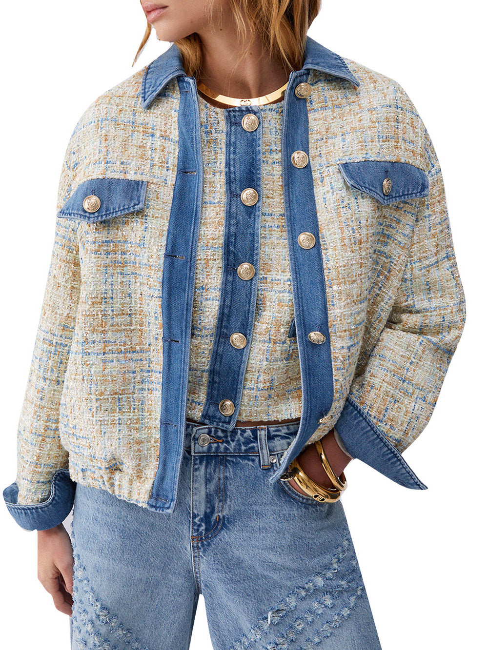 Liu Jo Bomber Bouclé Con Inserti In Denim - Bianco/Denim