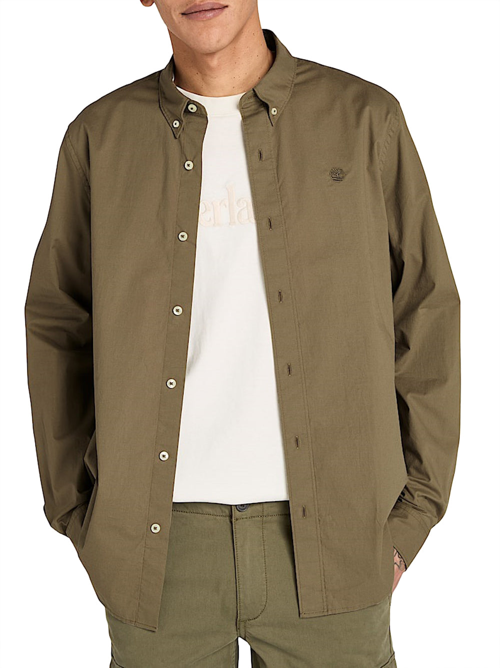 TIMBERLAND Camicia a Maniche Lunghe Timberland in Popeline Elasticizzato da Uomo Verde