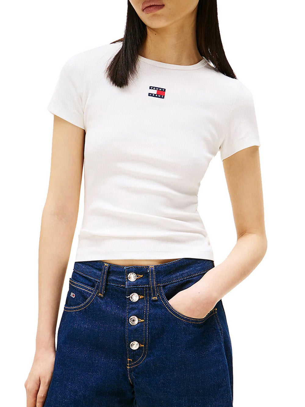 Tommy Jeans T-Shirt Tjw Slim Badge Rib T Donna - Bianco