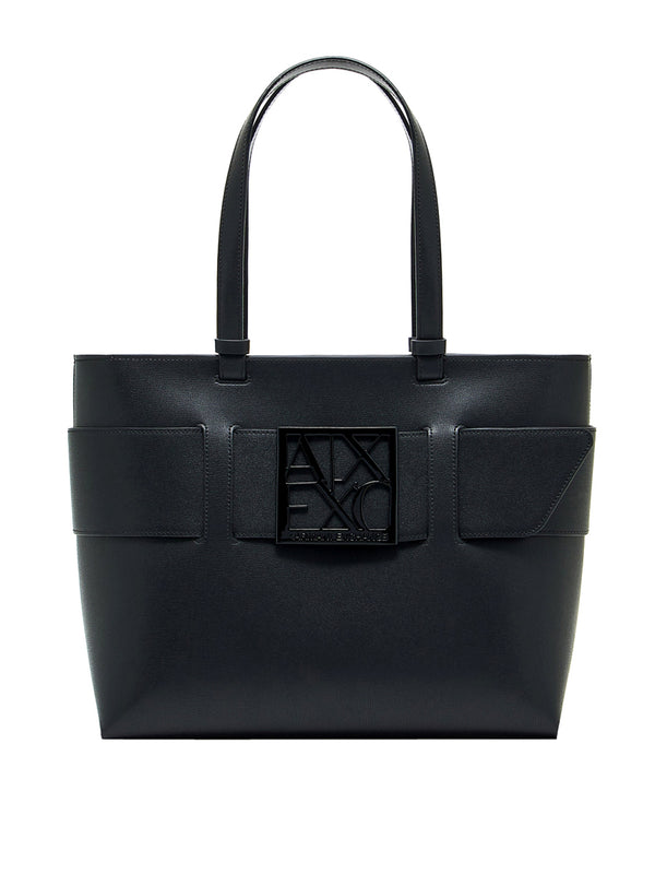ARMANI EXCHANGE Borsa Tote Liscia Con Doppi Manici E Logo Frontale - Nero