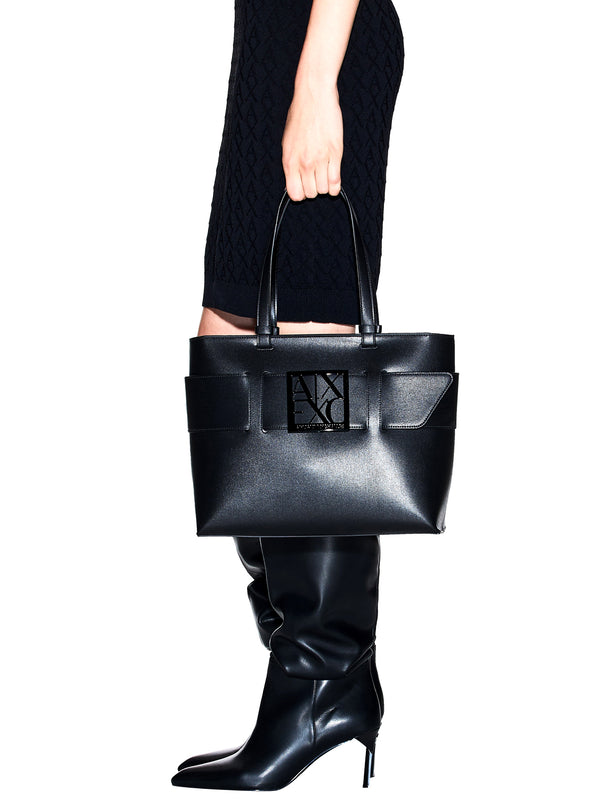 ARMANI EXCHANGE Borsa Tote Liscia Con Doppi Manici E Logo Frontale - Nero