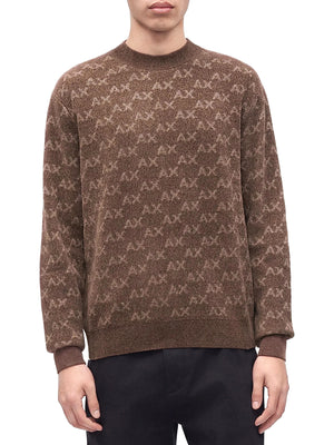 ARMANI EXCHANGE Pullover Armani Exchange Girocollo Con Logo All Over E Bordi A Costine - Marrone