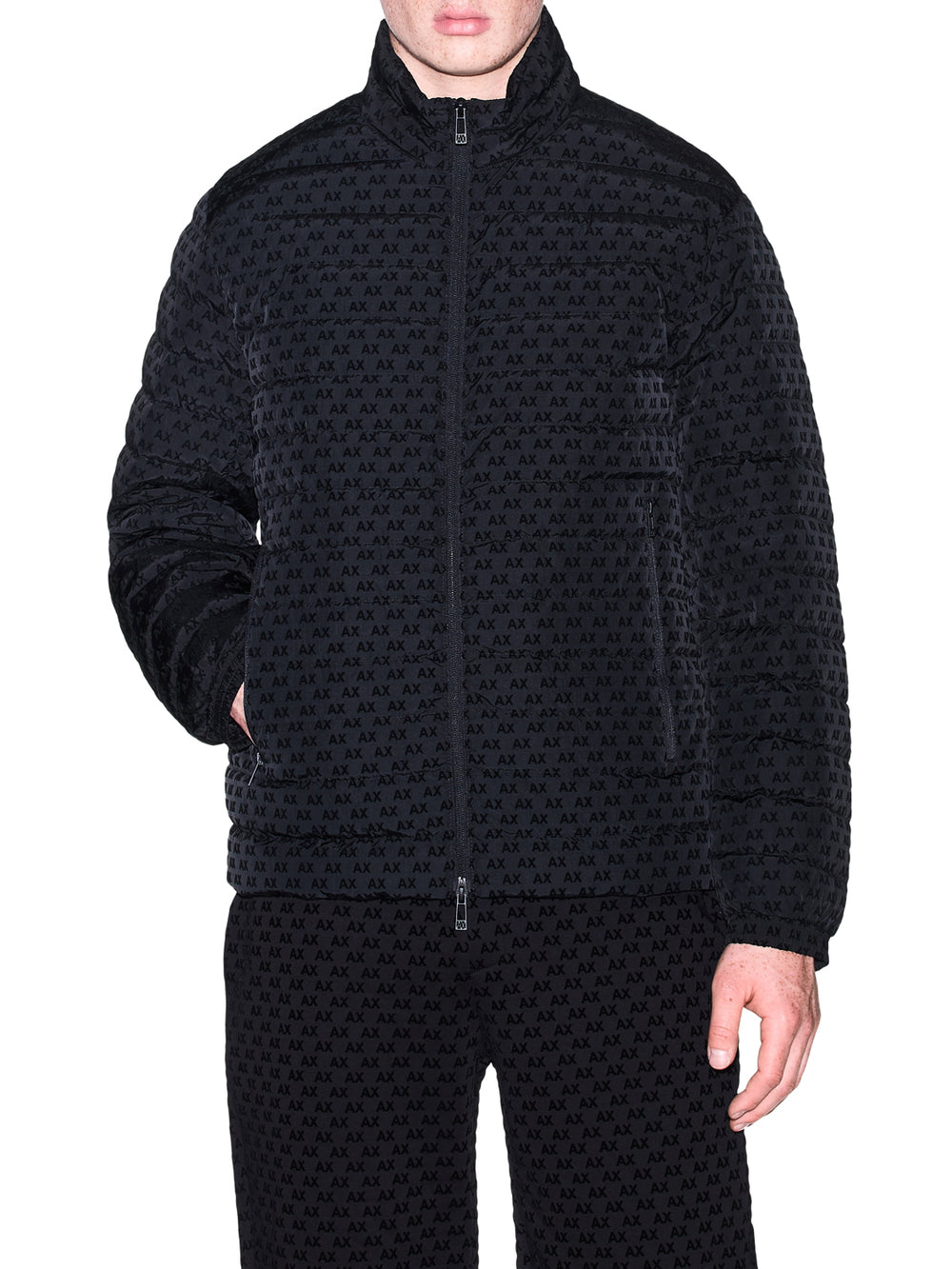 ARMANI EXCHANGE Piumino Armani Exchange Fullzip Con Collo Alto E Logo Floccato All Over - Nero