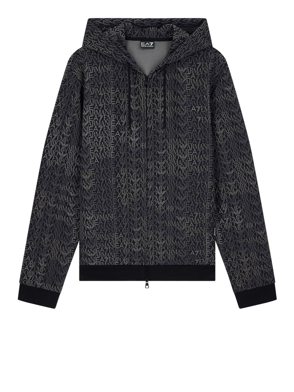 EA7 Felpa Ea7 Logo Series full zip con cappuccio in misto cotone Nero