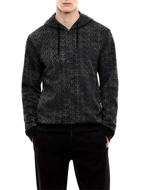EA7 Felpa Ea7 Logo Series full zip con cappuccio in misto cotone Nero
