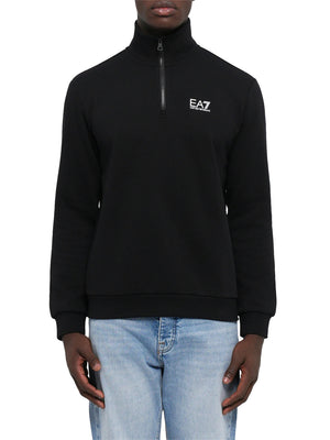 EA7 Felpa cotone con collo montante e zip a 3/4 Core Identity - Nero