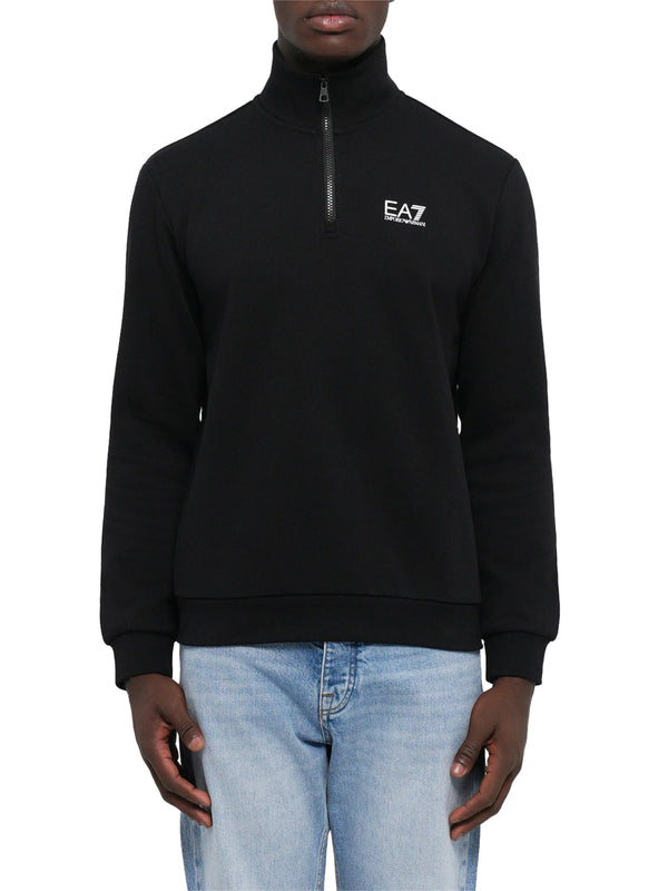 EA7 Felpa cotone con collo montante e zip a 3/4 Core Identity - Nero