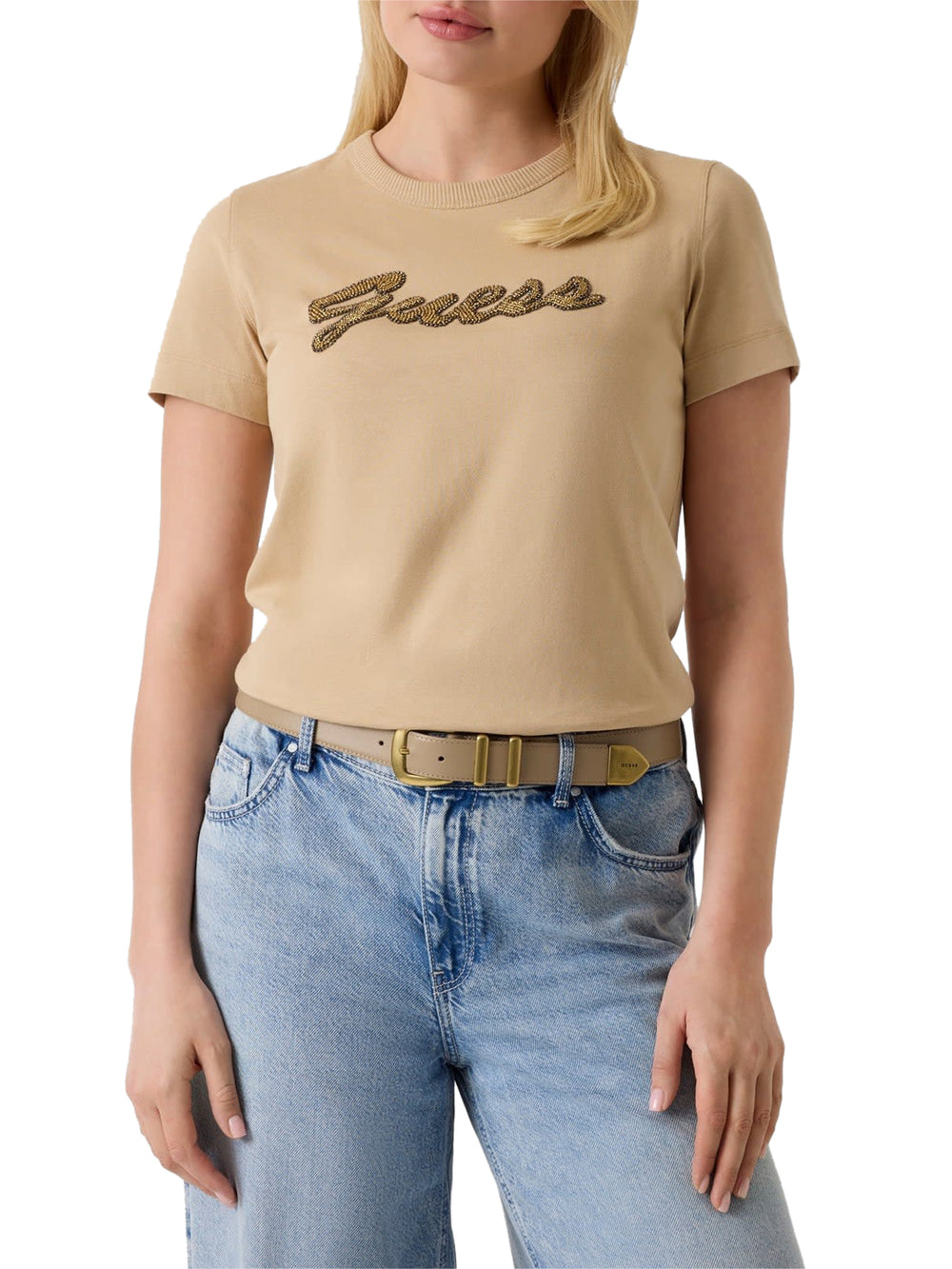 Guess Tshirt Ss Cn Beads Script Tee Guess - Tan