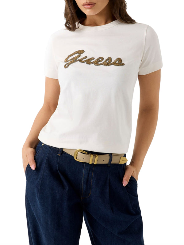 GUESS 1 USCITA T-Shirt Guess Beads Script - Cream