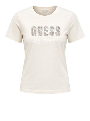 GUESS 1 USCITA T-Shirt Guess Snake Script Rhinestone - Cream White