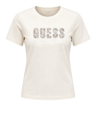 GUESS 1 USCITA T-Shirt Guess Snake Script Rhinestone - Cream White
