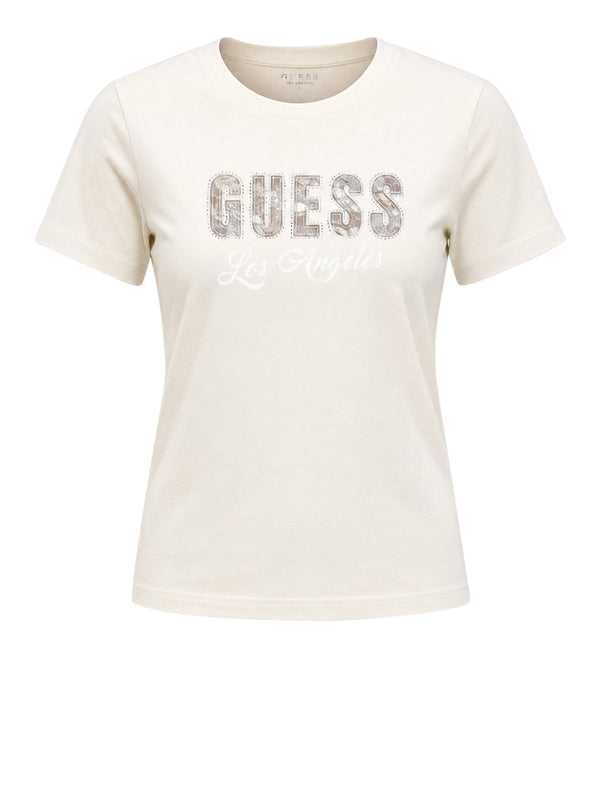 GUESS 1 USCITA T-Shirt Guess Snake Script Rhinestone - Cream White