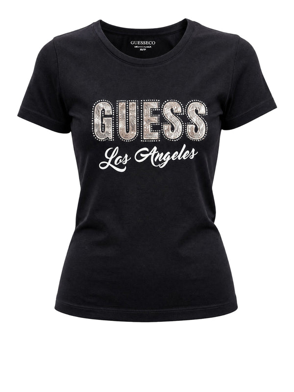 GUESS 1 USCITA T-Shirt Guess Snake Script Rhinestone - Nero