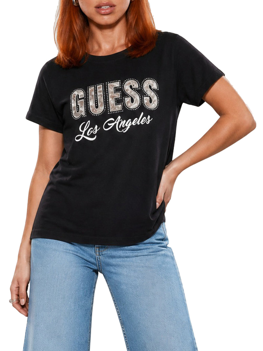 GUESS 1 USCITA T-Shirt Guess Snake Script Rhinestone - Nero