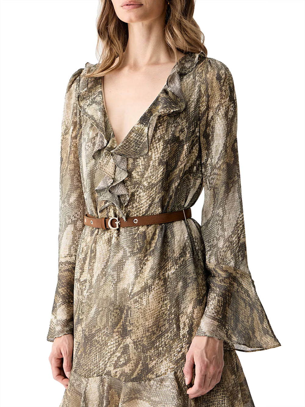 GUESS 1 USCITA Abito Guess Ls Emy Belted Pitonato - Verde Militare