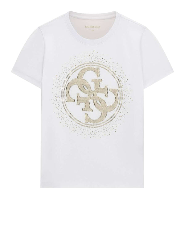 GUESS 2 USCITA T-Shirt Guess Ss Cn 4G Round Crystals Logo - Bianco