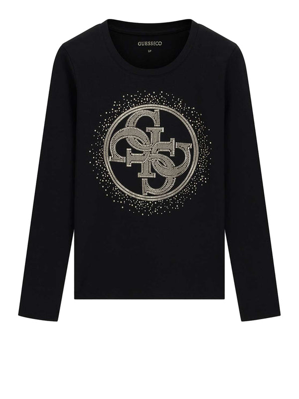 GUESS 2 USCITA T-Shirt Guess Ls Cn 4G Round Crystals Logo - Nero
