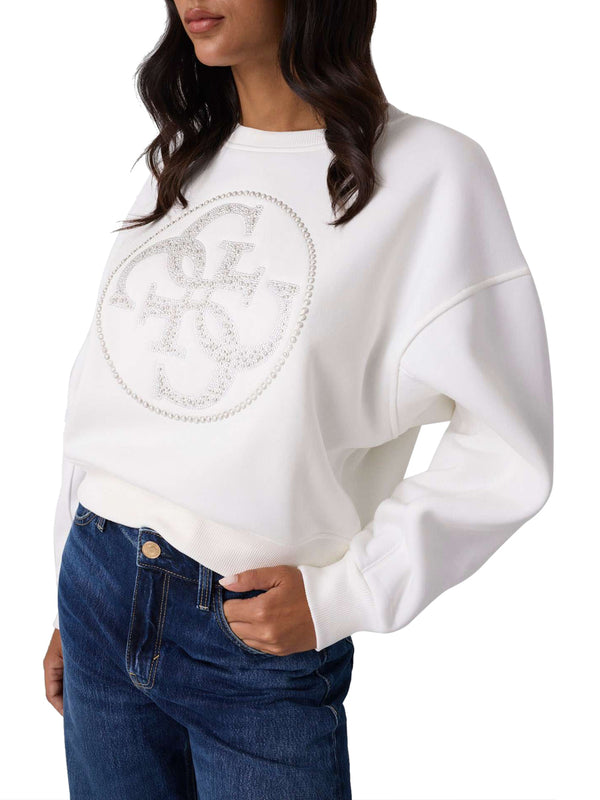 Guess Felpa Guess Cn 4G Round Logo Rhinestones Bianco