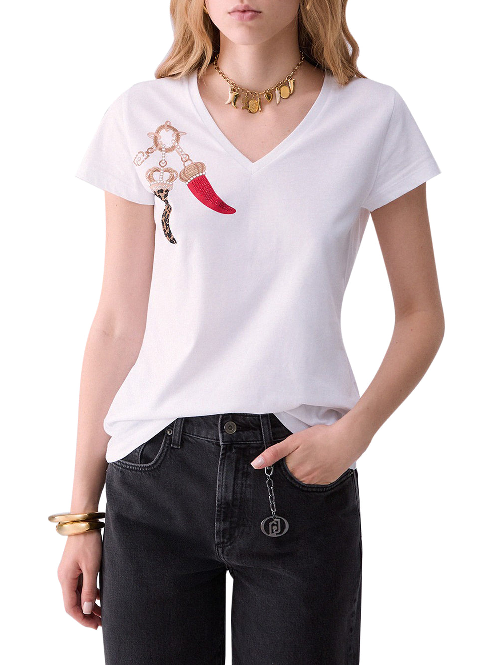 LIU.JO WHITE Liu Jo T-Shirt Scollo A V Bianco