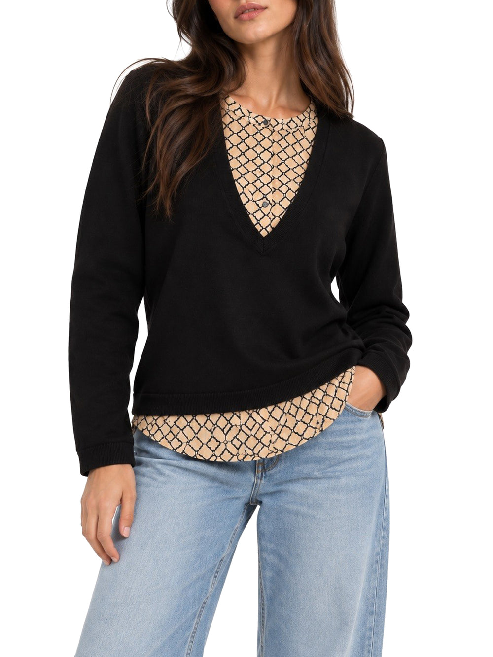 NATHI' LUXURY Maglia scollo v inserto serafino stampato - Beige
