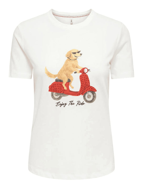 ONLY DROP4 T-Shirt Only Dancer Dog Ride Bianco