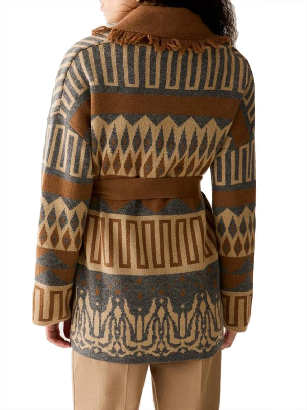 PENNY BLACK BLACK Cardigan Penny Black Jacquard Con Frange - Tabacco