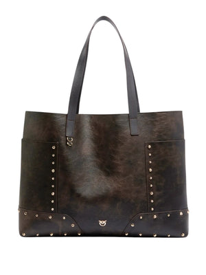 Pinko Borsa Shopper In Pelle Con Borchie E Logo Love Birds Pinko - Marrone/Oro