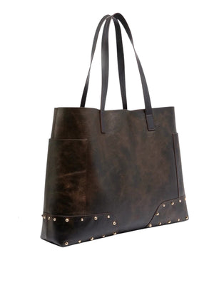 Pinko Borsa Shopper In Pelle Con Borchie E Logo Love Birds Pinko - Marrone/Oro