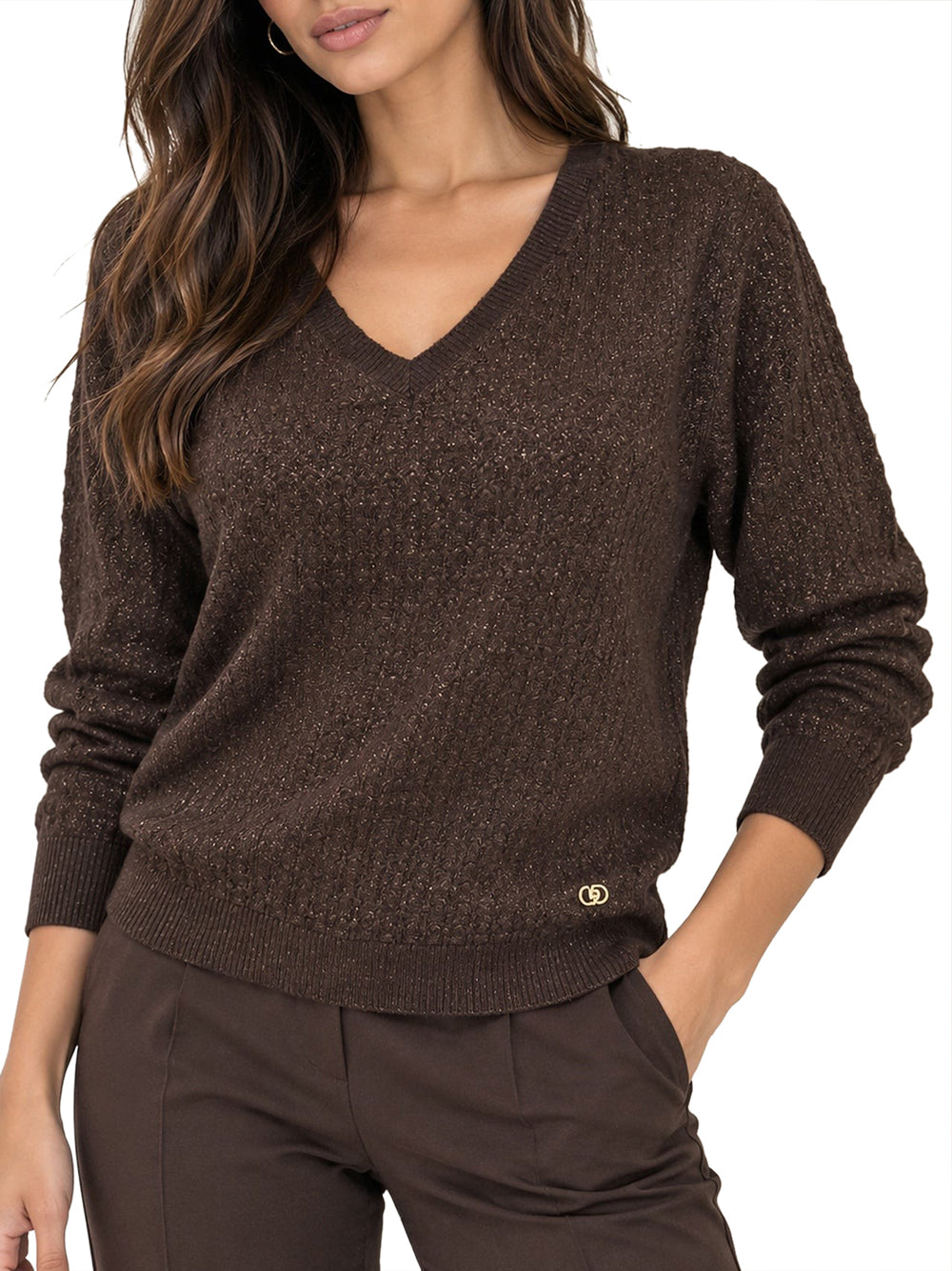 Yes Zee Maglia Donna Scollo V Traforata Con Lurex Yes Zee - Moro