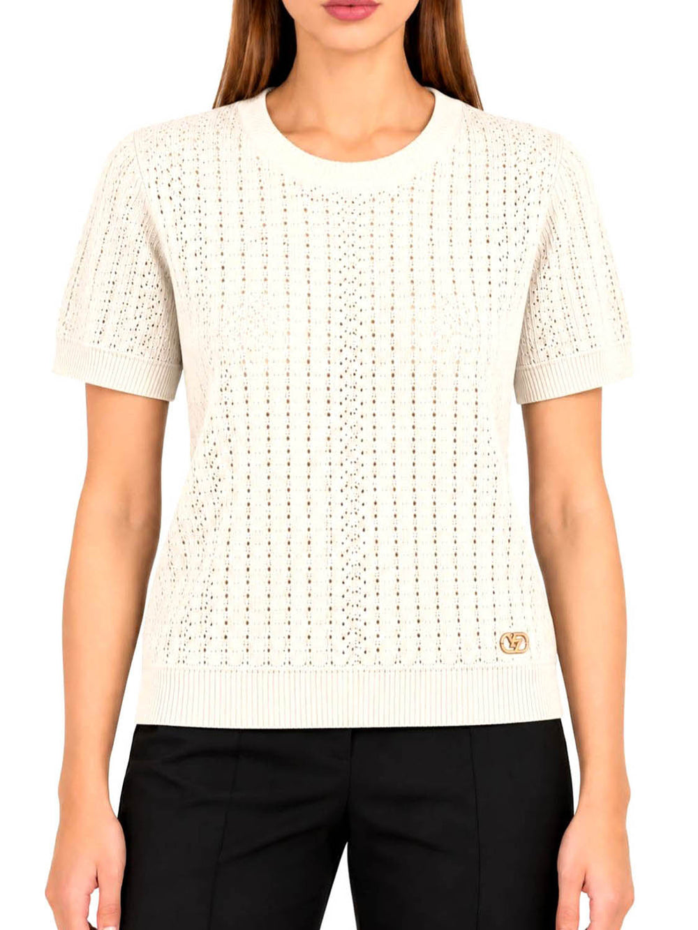 Yes Zee Maglia Donna Girocollo, Traforata Con Lurex,M/C Yes Zee - Avorio