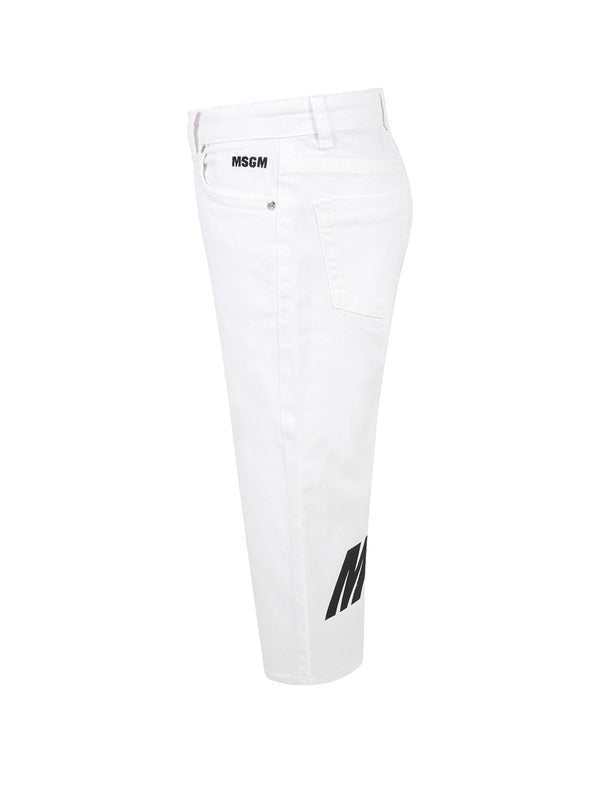 MSGM Pantalone Denim Con Logo Bianco